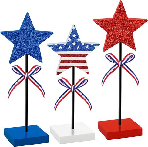 3 PCS 4th of July Wooden Star Signs Glitter Red White Blue Star Table Block Centerpiece Patriotic Stars Shape Wood Tabletop Decoration for Independence Memorial Day Party Home Office Tiered Tray Decor in Saudi Arabia