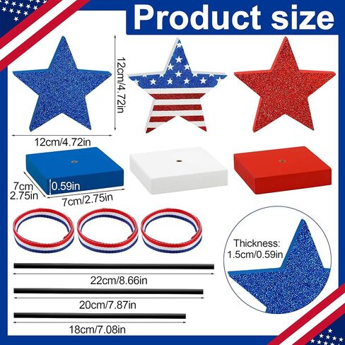 3 PCS 4th of July Wooden Star Signs Glitter Red White Blue Star Table Block Centerpiece Patriotic Stars Shape Wood Tabletop Decoration for Independence Memorial Day Party Home Office Tiered Tray Decor in Saudi Arabia