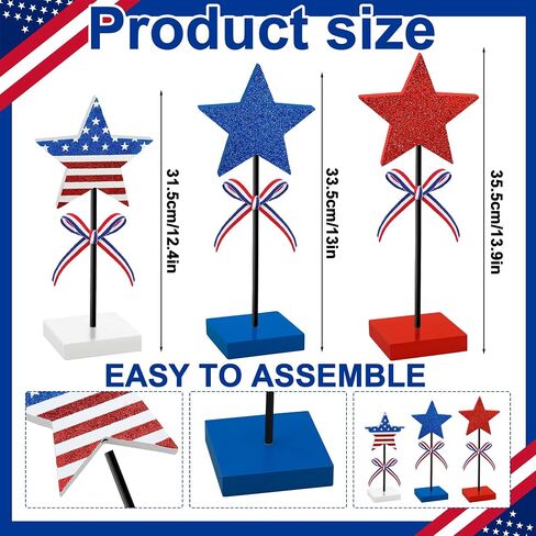 3 PCS 4th of July Wooden Star Signs Glitter Red White Blue Star Table Block Centerpiece Patriotic Stars Shape Wood Tabletop Decoration for Independence Memorial Day Party Home Office Tiered Tray Decor in Saudi Arabia