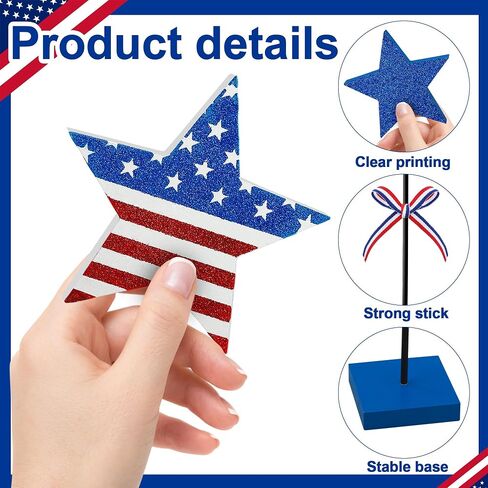3 PCS 4th of July Wooden Star Signs Glitter Red White Blue Star Table Block Centerpiece Patriotic Stars Shape Wood Tabletop Decoration for Independence Memorial Day Party Home Office Tiered Tray Decor in Saudi Arabia