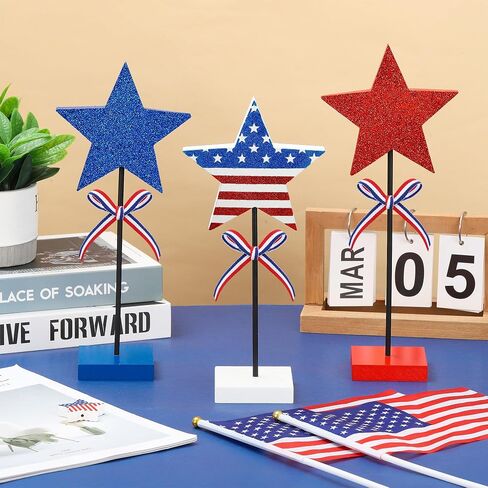 3 PCS 4th of July Wooden Star Signs Glitter Red White Blue Star Table Block Centerpiece Patriotic Stars Shape Wood Tabletop Decoration for Independence Memorial Day Party Home Office Tiered Tray Decor in Saudi Arabia