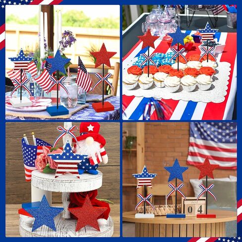 3 PCS 4th of July Wooden Star Signs Glitter Red White Blue Star Table Block Centerpiece Patriotic Stars Shape Wood Tabletop Decoration for Independence Memorial Day Party Home Office Tiered Tray Decor in Saudi Arabia