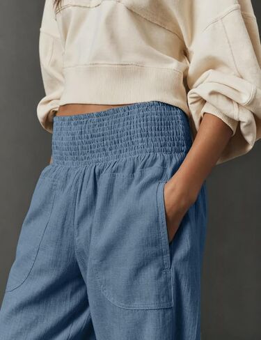 Womens Linen Cotton Smocked Barrel Pants Wide Leg Elastic Wide Waist Cropped Pants Pull-On Trousers with Pockets(Blue-M) in Saudi Arabia