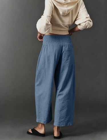 Womens Linen Cotton Smocked Barrel Pants Wide Leg Elastic Wide Waist Cropped Pants Pull-On Trousers with Pockets(Blue-M) in Saudi Arabia