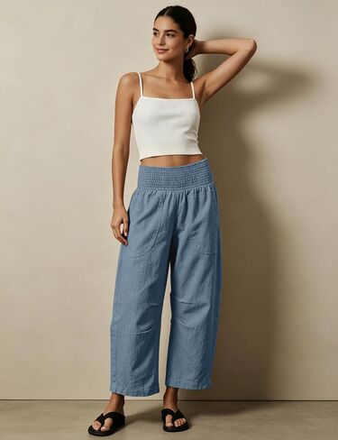 Womens Linen Cotton Smocked Barrel Pants Wide Leg Elastic Wide Waist Cropped Pants Pull-On Trousers with Pockets(Blue-M) in Saudi Arabia