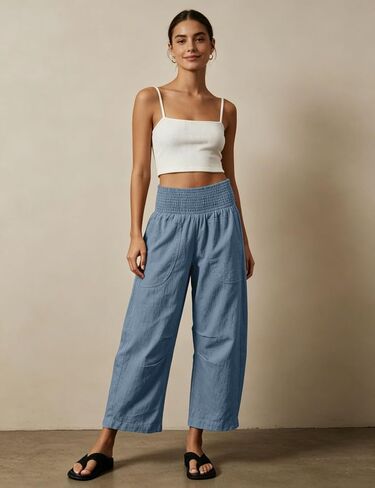 Womens Linen Cotton Smocked Barrel Pants Wide Leg Elastic Wide Waist Cropped Pants Pull-On Trousers with Pockets(Blue-M) in Saudi Arabia