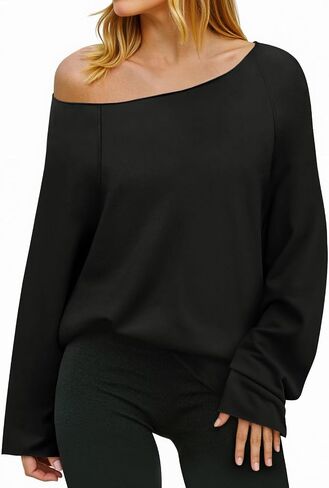 Fisoew Womens Off The Shoulder Tops Sweatshirts Lightweight Oversized Pullovers Long Sleeve Y2k Loose Fit Tunic Tops Black in Kuwait