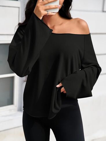 Fisoew Womens Off The Shoulder Tops Sweatshirts Lightweight Oversized Pullovers Long Sleeve Y2k Loose Fit Tunic Tops Black in Kuwait