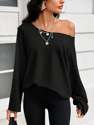 Fisoew Womens Off The Shoulder Tops Sweatshirts Lightweight Oversized Pullovers Long Sleeve Y2k Loose Fit Tunic Tops Black in Kuwait