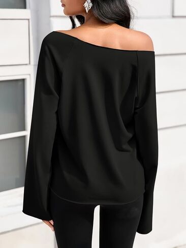 Fisoew Womens Off The Shoulder Tops Sweatshirts Lightweight Oversized Pullovers Long Sleeve Y2k Loose Fit Tunic Tops Black in Kuwait