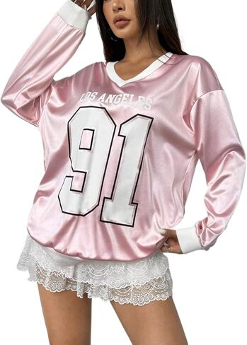 Women's Y2K Oversized Jersey Baggy 90s Mesh Patchwork Long Sleeve Graphic Tee Sweatshirt for Sports Casual Wear in Saudi Arabia