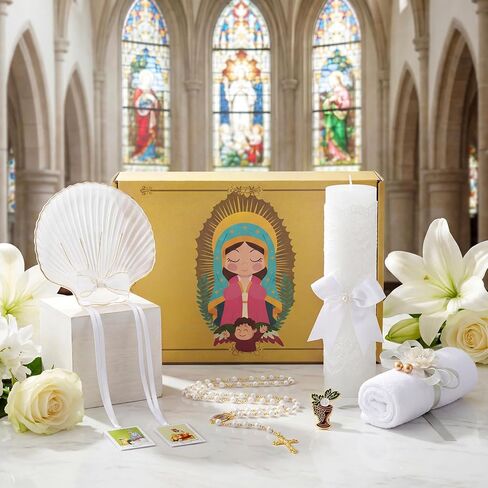 Liliful 7 Pcs Virgen De Guadalupe Baptism Candle Set, Catholic Baptism Gift Candle Towel Shell Rosary Set, Velas para Bautizo Gift for First Communion Baptismal Party Favors in Kuwait