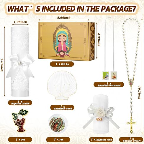 Liliful 7 Pcs Virgen De Guadalupe Baptism Candle Set, Catholic Baptism Gift Candle Towel Shell Rosary Set, Velas para Bautizo Gift for First Communion Baptismal Party Favors in Kuwait
