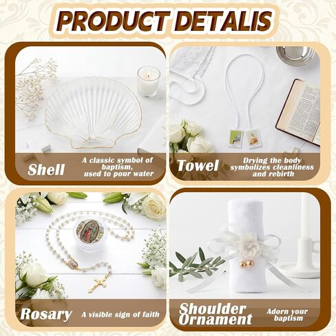 Liliful 7 Pcs Virgen De Guadalupe Baptism Candle Set, Catholic Baptism Gift Candle Towel Shell Rosary Set, Velas para Bautizo Gift for First Communion Baptismal Party Favors in Kuwait