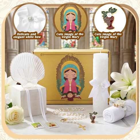 Liliful 7 Pcs Virgen De Guadalupe Baptism Candle Set, Catholic Baptism Gift Candle Towel Shell Rosary Set, Velas para Bautizo Gift for First Communion Baptismal Party Favors in Kuwait