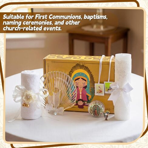 Liliful 7 Pcs Virgen De Guadalupe Baptism Candle Set, Catholic Baptism Gift Candle Towel Shell Rosary Set, Velas para Bautizo Gift for First Communion Baptismal Party Favors in Kuwait