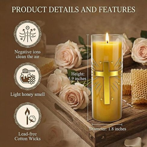 2 Pack 100% Pure Beeswax Pillar Candles in Glass Jar with Cross Design – Unscented, 80-Hour Long Burning, Dripless & Smokeless – Non-Toxic Candles for Prayer, Meditation & Religious Gifts in Saudi Arabia