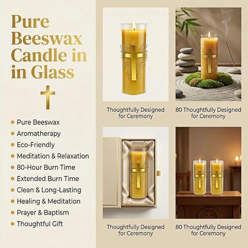 2 Pack 100% Pure Beeswax Pillar Candles in Glass Jar with Cross Design – Unscented, 80-Hour Long Burning, Dripless & Smokeless – Non-Toxic Candles for Prayer, Meditation & Religious Gifts in Saudi Arabia