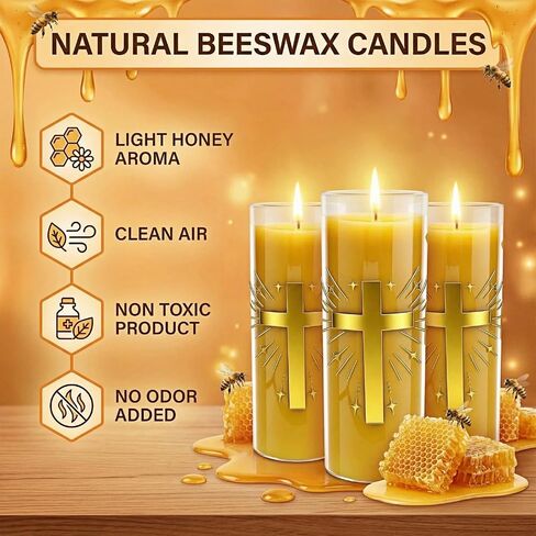 2 Pack 100% Pure Beeswax Pillar Candles in Glass Jar with Cross Design – Unscented, 80-Hour Long Burning, Dripless & Smokeless – Non-Toxic Candles for Prayer, Meditation & Religious Gifts in Saudi Arabia