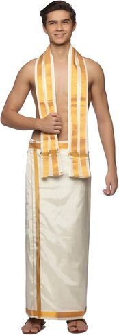 Sethukrishna Men Cream Colour Art Silk Dhoti Angavastram Combo Set (CREAM) (ONE SIZE) (D667-T241) in Saudi Arabia