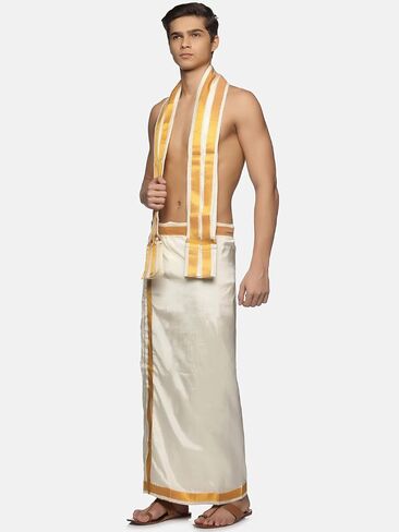 Sethukrishna Men Cream Colour Art Silk Dhoti Angavastram Combo Set (CREAM) (ONE SIZE) (D667-T241) in Saudi Arabia