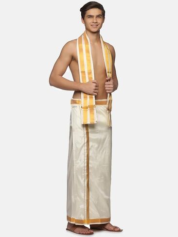Sethukrishna Men Cream Colour Art Silk Dhoti Angavastram Combo Set (CREAM) (ONE SIZE) (D667-T241) in Saudi Arabia