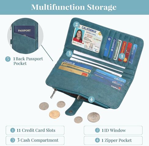 محفظة نسائية، حامل بطاقات ائتمان نحيف بخاصية RFID للنساء، محفظة للعملات المعدنية، محفظة سفر، محفظة بمقبض قابلة للطي مع جيب بسحاب in Kuwait