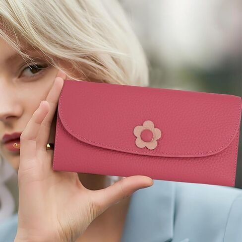 Ladies Purse RFID Blocking Genuine Leather Large Capacity Slim Wallet for Women, Rose Red, L, Casual in Saudi Arabia
