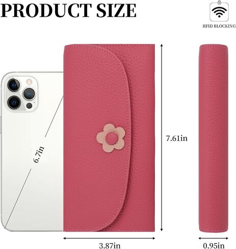 Ladies Purse RFID Blocking Genuine Leather Large Capacity Slim Wallet for Women, Rose Red, L, Casual in Saudi Arabia