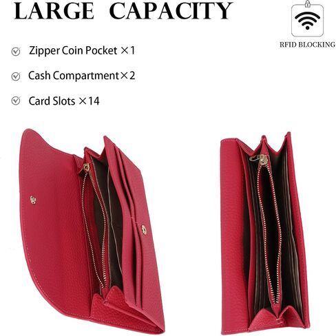 Ladies Purse RFID Blocking Genuine Leather Large Capacity Slim Wallet for Women, Rose Red, L, Casual in Saudi Arabia