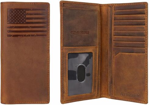 Slim Bifold Wallet for Men and Women, Long Natural Full Grain Handmade Tall Checkbook Muti Credit Card 1 ID Chequebook Wallet Full Grain Leather Gift Wallet for Cowboys SD 033 (Flag Vintage) in Saudi Arabia