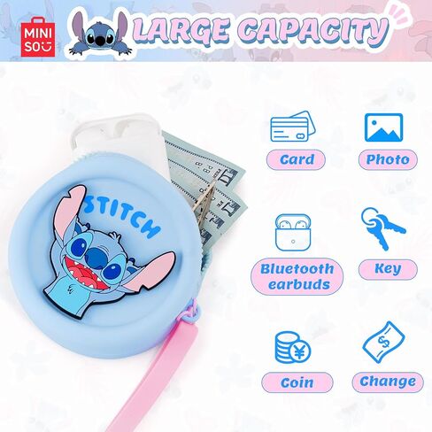 MINISO Disney Stitch Coin Purse Silicone Lilo and Stitch Coin Pouch with Wrist Strap, 3.6'' Round Wallet for Women, Storage Bag for Travel Shopping(Blue) in Kuwait