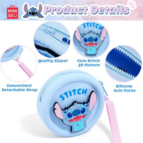 MINISO Disney Stitch Coin Purse Silicone Lilo and Stitch Coin Pouch with Wrist Strap, 3.6'' Round Wallet for Women, Storage Bag for Travel Shopping(Blue) in Kuwait