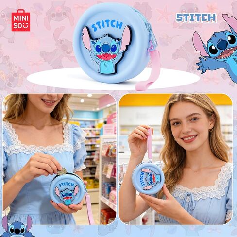 MINISO Disney Stitch Coin Purse Silicone Lilo and Stitch Coin Pouch with Wrist Strap, 3.6'' Round Wallet for Women, Storage Bag for Travel Shopping(Blue) in Kuwait