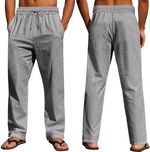 Men's Linen Pants Lightweight Drawstring Elastic Waist Loose Fit Summer Beach Comfy Pants with Pockets in Kuwait