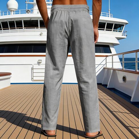 Men's Linen Pants Lightweight Drawstring Elastic Waist Loose Fit Summer Beach Comfy Pants with Pockets in Kuwait
