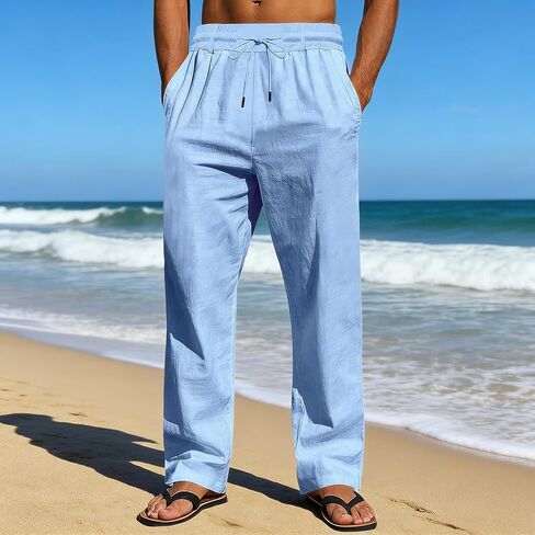 Men's Linen Pants Lightweight Drawstring Elastic Waist Loose Fit Summer Beach Comfy Pants with Pockets in Kuwait