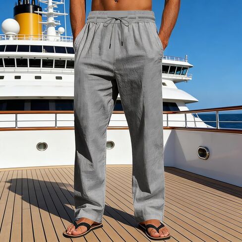 Men's Linen Pants Lightweight Drawstring Elastic Waist Loose Fit Summer Beach Comfy Pants with Pockets in Kuwait
