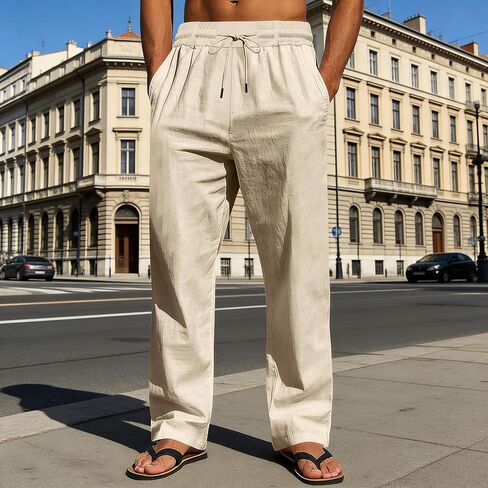 Men's Linen Pants Lightweight Drawstring Elastic Waist Loose Fit Summer Beach Comfy Pants with Pockets in Kuwait