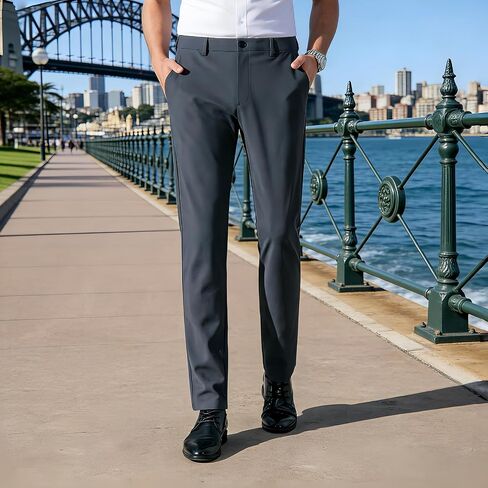 Men's Casual Twill Chinos — Elastic Waist, Lightweight & Breathable, Classic Fit Business Trousers (with Pockets) in Kuwait