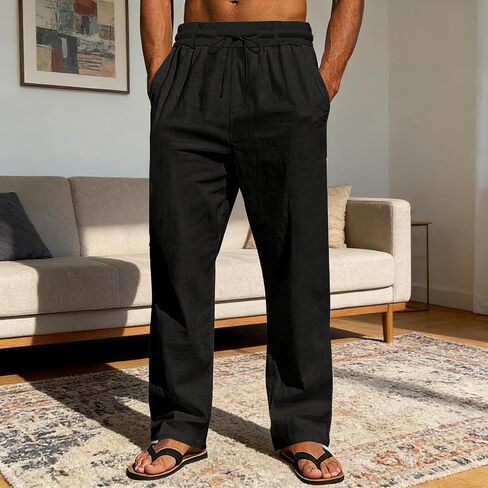 Men's Linen Pants Lightweight Drawstring Elastic Waist Loose Fit Summer Beach Comfy Pants with Pockets in Kuwait