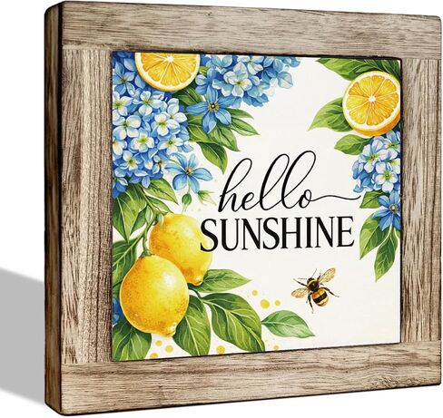 Hello Sunshine Wooden Box Sign - Rustic Summer Decor with Lemon and Blue Hydrangea Design, Perfect for Tabletop, Kitchen, Desk, Porch, Beach House, Seasonal Home Decoration in Kuwait