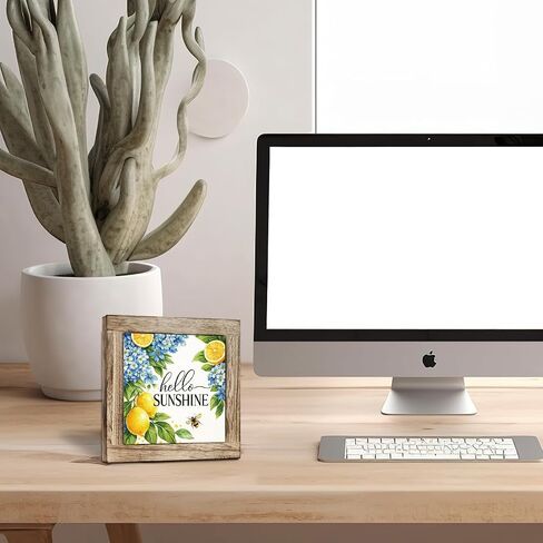 Hello Sunshine Wooden Box Sign - Rustic Summer Decor with Lemon and Blue Hydrangea Design, Perfect for Tabletop, Kitchen, Desk, Porch, Beach House, Seasonal Home Decoration in Kuwait