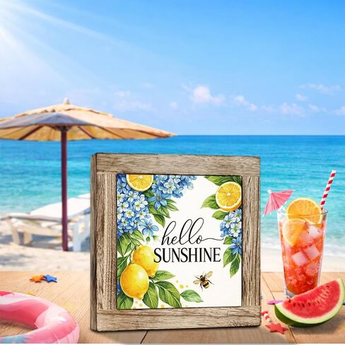Hello Sunshine Wooden Box Sign - Rustic Summer Decor with Lemon and Blue Hydrangea Design, Perfect for Tabletop, Kitchen, Desk, Porch, Beach House, Seasonal Home Decoration in Kuwait