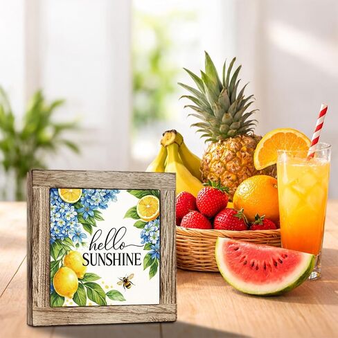Hello Sunshine Wooden Box Sign - Rustic Summer Decor with Lemon and Blue Hydrangea Design, Perfect for Tabletop, Kitchen, Desk, Porch, Beach House, Seasonal Home Decoration in Kuwait