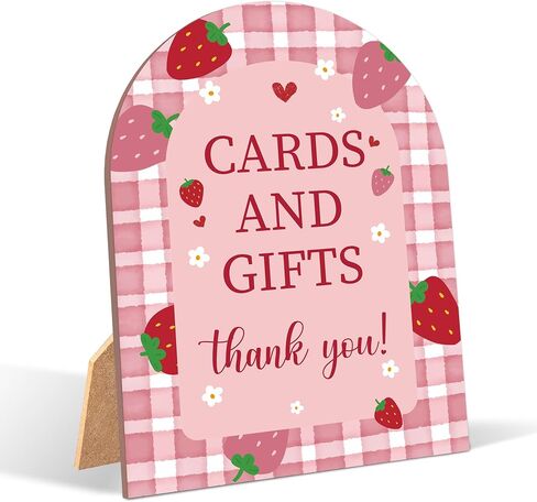 Strawberry Cards and Gifts Sign for Baby Shower, 6x8 Inch Arch Wooden Sign with Stand, Berry Baby Shower Table Sign, Gender Neutral Party Decoration - MUK23 in Saudi Arabia