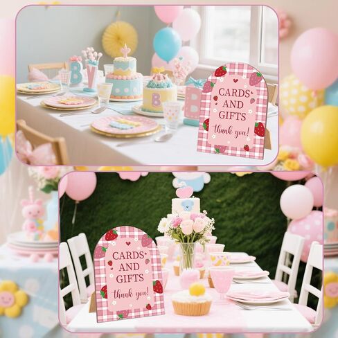Strawberry Cards and Gifts Sign for Baby Shower, 6x8 Inch Arch Wooden Sign with Stand, Berry Baby Shower Table Sign, Gender Neutral Party Decoration - MUK23 in Saudi Arabia