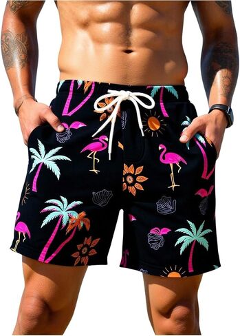 WDIRARA Men's Swim Trunks Tropical Print Hawaiian Vacation Beach Shorts with Pockets in Kuwait
