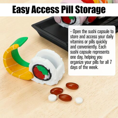 Weekly Sushi Pill Organizer Container Keychain Holder 7 Day Case Travel Medicine Cute Supplements Contains Creative Portable Mini Storage Box Multicolor with Removable Trays Roller Dispenser in Saudi Arabia