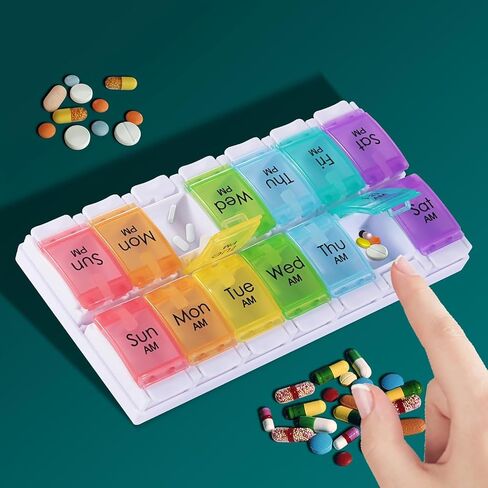 Large AM PM Pill Organizer 2 Times a Day, 7 Day Weekly Pill Box with 14 Compartments, 2 Week Medicine Organizer with Easy Push Button for Pills, Vitamins, Fish Oil and Supplements（Colorful） in Kuwait